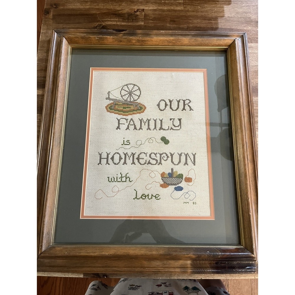 Vintage Framed Cross Stitch Country Our Family Is Homespun With Love Handmade